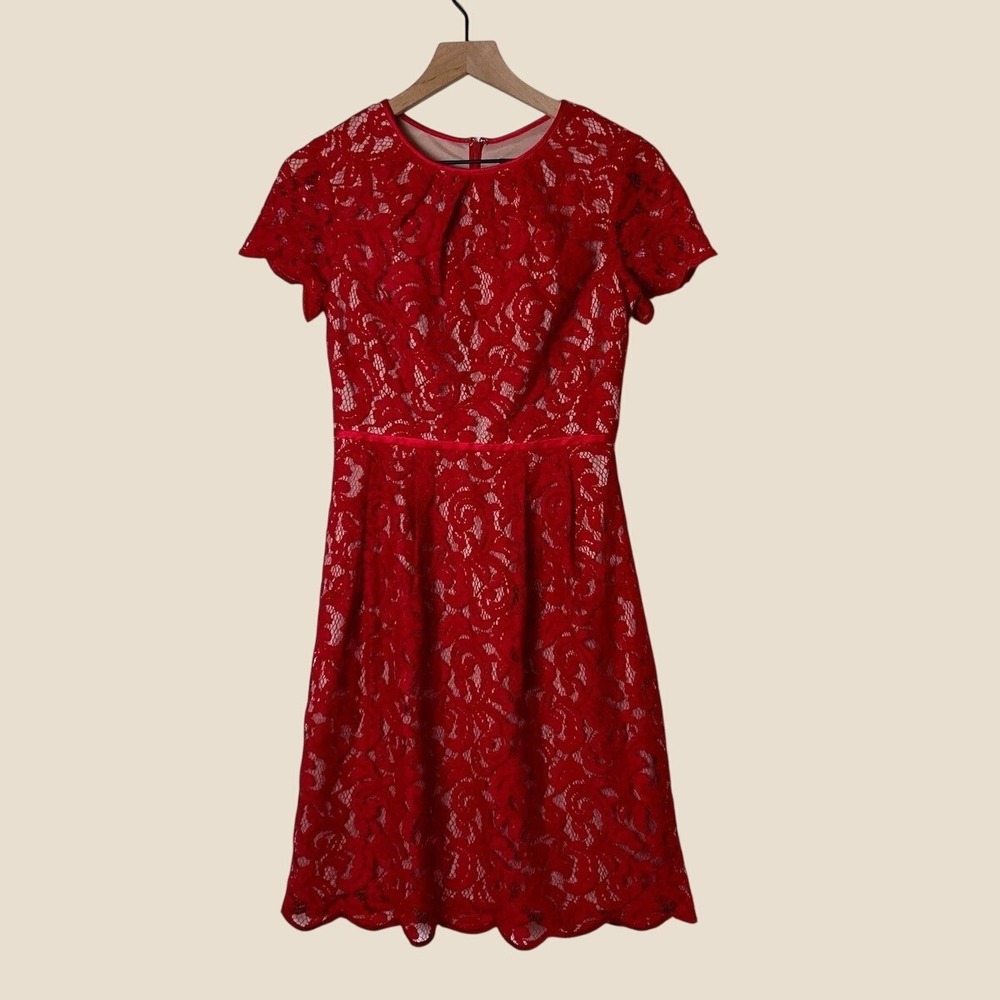 Adrianna Papell Red Floral Lace Short Sleeve Fit & Flare Cocktail Dress Size 8